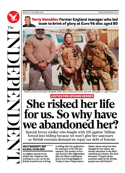 The Independent (UK) Newspaper Front Page for 27 November 2023