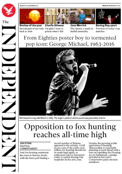 The Independent Newspaper Front Page for 27 December 2016
