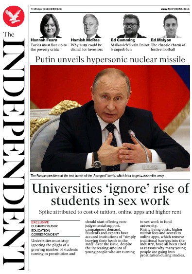 The Independent Newspaper Front Page for 27 December 2018