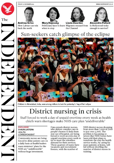The Independent (UK) Newspaper Front Page for 27 December 2019