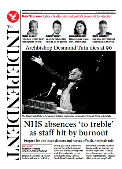 The Independent (UK) Newspaper Front Page for 27 December 2021
