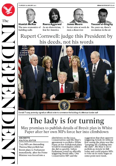 The Independent Newspaper Front Page for 27 January 2017