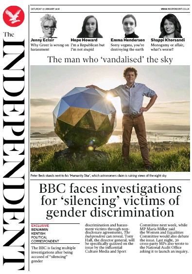 The Independent Newspaper Front Page for 27 January 2018