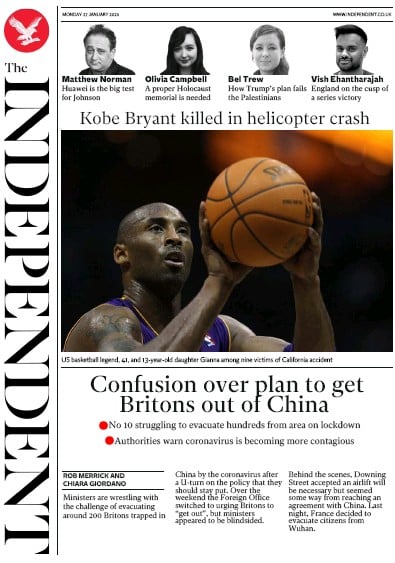 The Independent Newspaper Front Page for 27 January 2020