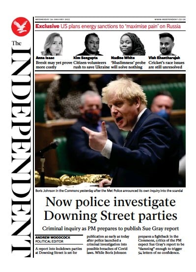 The Independent (UK) Newspaper Front Page for 27 January 2022