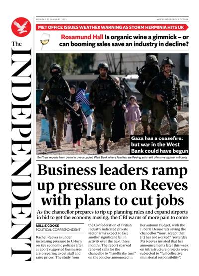 The Independent (UK) Newspaper Front Page for 27 January 2025