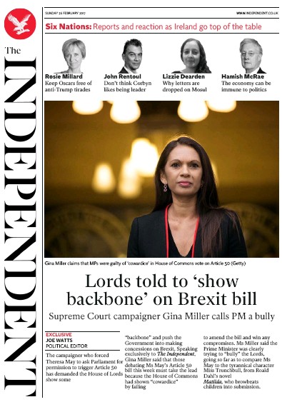 The Independent Newspaper Front Page for 27 February 2017