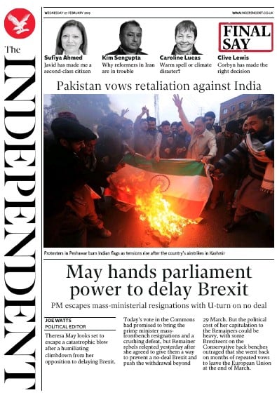 The Independent Newspaper Front Page for 27 February 2019