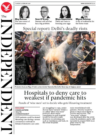 The Independent Newspaper Front Page for 27 February 2020