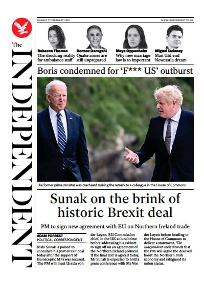 The Independent (UK) Newspaper Front Page for 27 February 2023