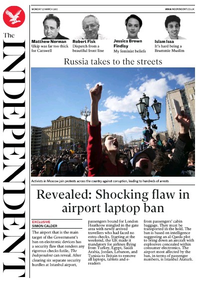 The Independent Newspaper Front Page for 27 March 2017