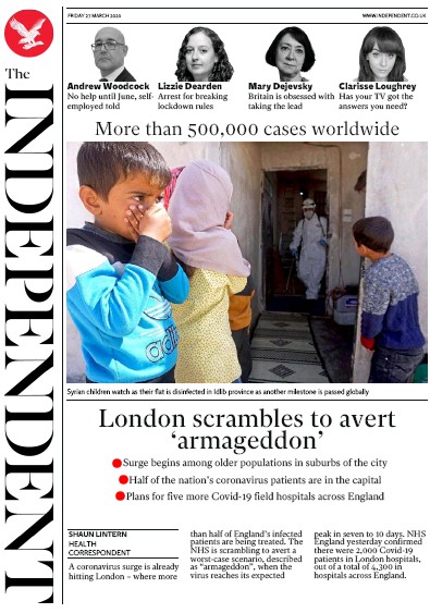 The Independent Newspaper Front Page for 27 March 2020