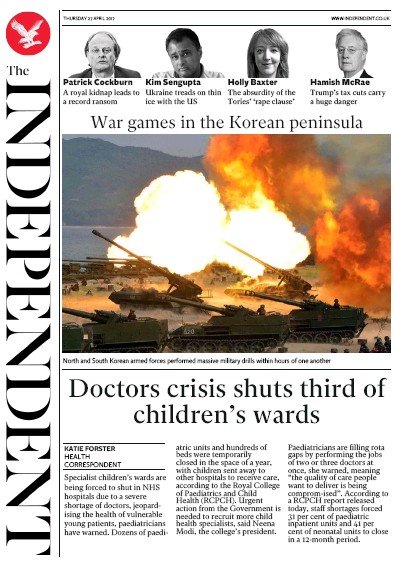The Independent Newspaper Front Page for 27 April 2017