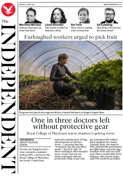 The Independent Newspaper Front Page for 27 April 2020