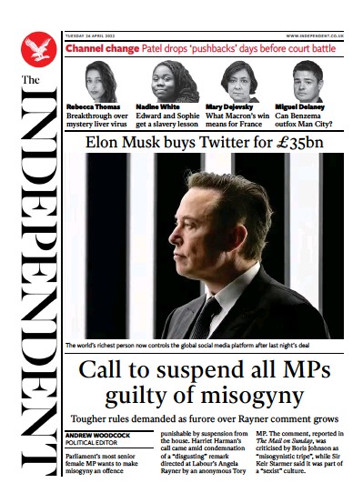 The Independent (UK) Newspaper Front Page for 27 April 2022