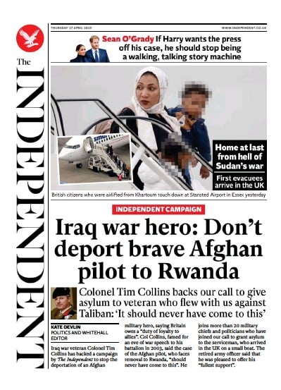 The Independent (UK) Newspaper Front Page for 27 April 2023