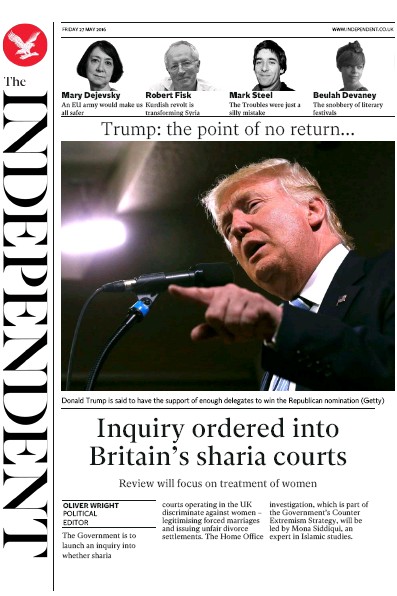 The Independent Newspaper Front Page for 27 May 2016