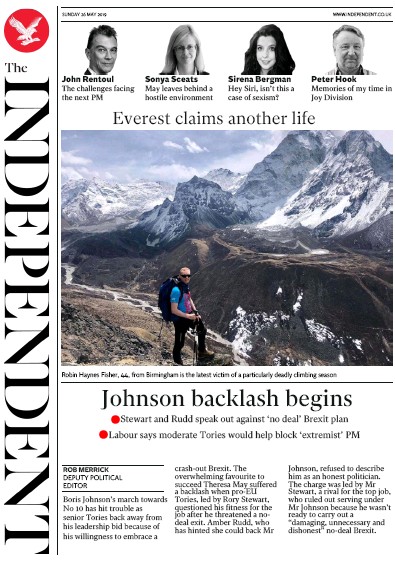 The Independent Newspaper Front Page for 27 May 2019