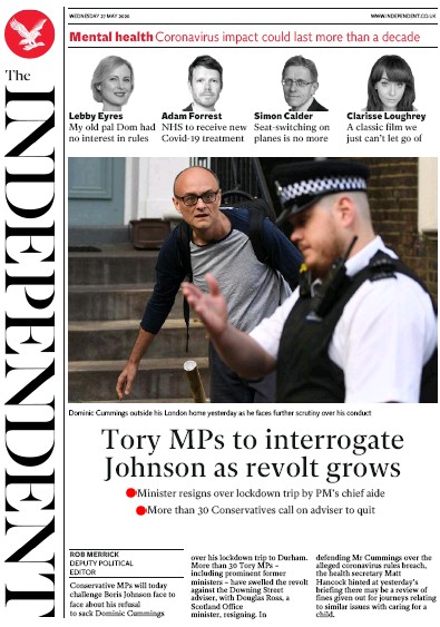 The Independent Newspaper Front Page for 27 May 2020