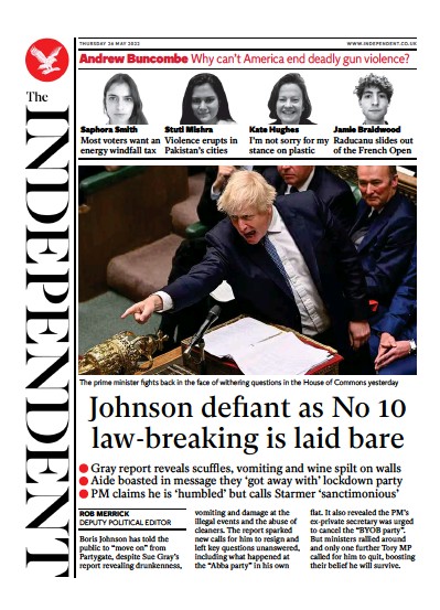 The Independent (UK) Newspaper Front Page for 27 May 2022