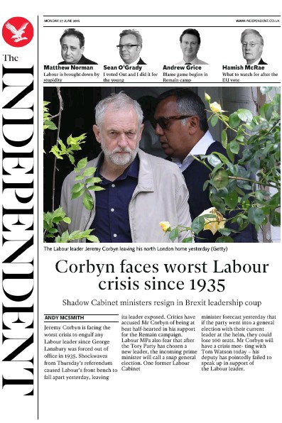 The Independent Newspaper Front Page for 27 June 2016