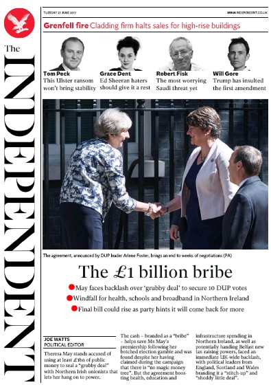 The Independent Newspaper Front Page for 27 June 2017