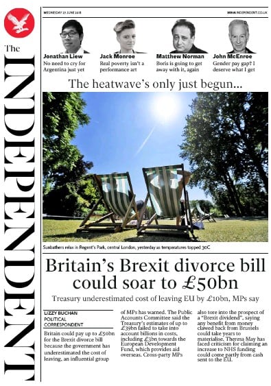 The Independent Newspaper Front Page for 27 June 2018
