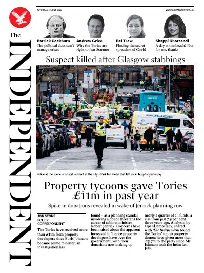 The Independent Newspaper Front Page for 27 June 2020