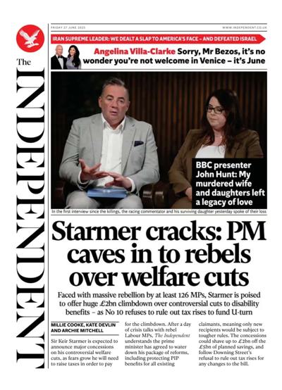 The Independent (UK) Newspaper Front Page for 27 June 2025