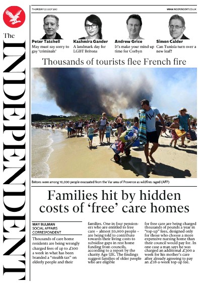 The Independent (UK) Newspaper Front Page for 27 July 2017
