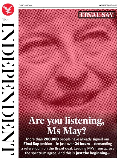 The Independent Newspaper Front Page for 27 July 2018
