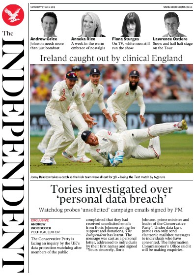 The Independent Newspaper Front Page for 27 July 2019