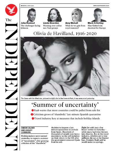 The Independent Newspaper Front Page for 27 July 2020