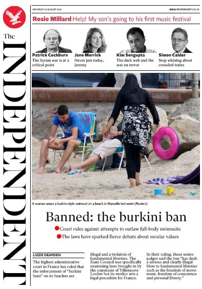 The Independent Newspaper Front Page for 27 August 2016