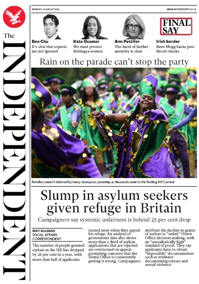 The Independent Newspaper Front Page for 27 August 2018