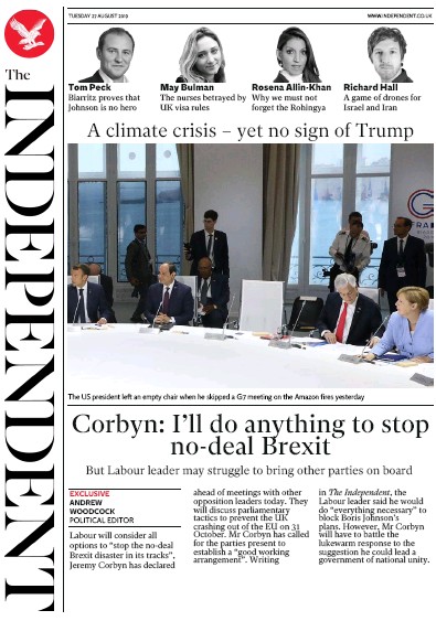 The Independent Newspaper Front Page for 27 August 2019