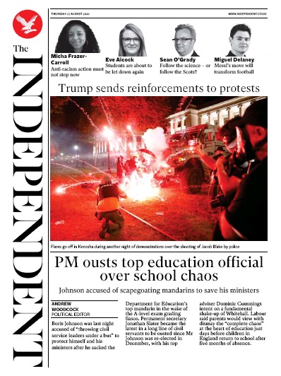 The Independent Newspaper Front Page for 27 August 2020
