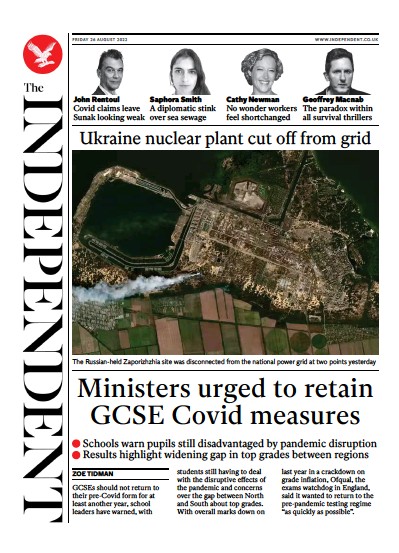 The Independent (UK) Newspaper Front Page for 27 August 2022