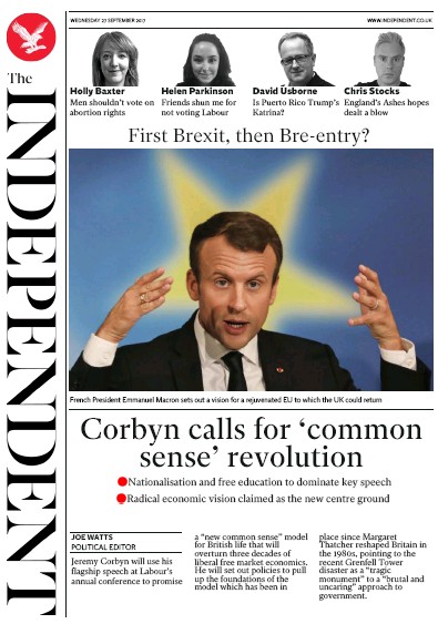 The Independent Newspaper Front Page for 27 September 2017