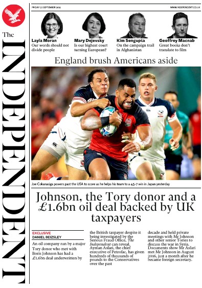 The Independent Newspaper Front Page for 27 September 2019