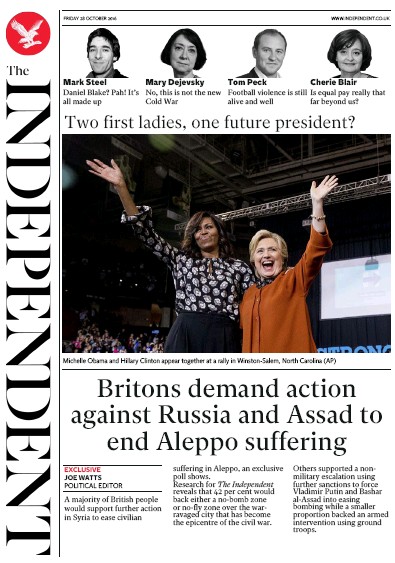 The Independent (UK) Newspaper Front Page for 28 October 2016