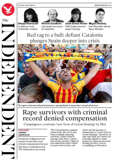 The Independent Newspaper Front Page for 28 October 2017