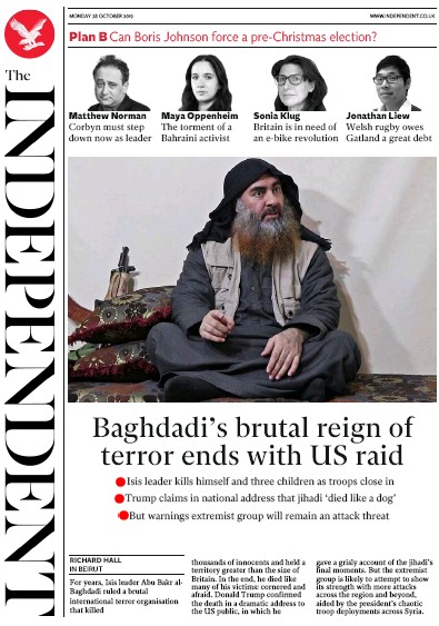 The Independent Newspaper Front Page for 28 October 2019