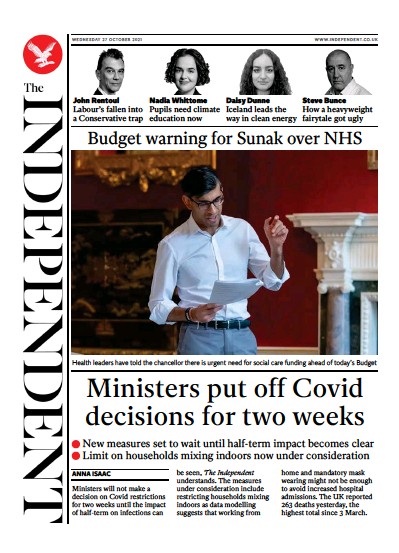 The Independent (UK) Newspaper Front Page for 28 October 2021