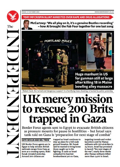 The Independent (UK) Newspaper Front Page for 28 October 2023