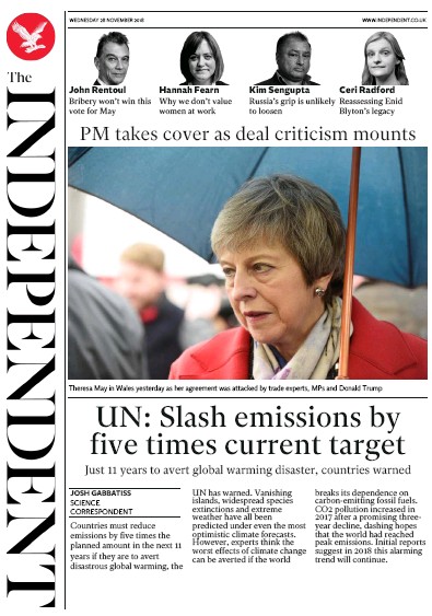 The Independent Newspaper Front Page for 28 November 2018
