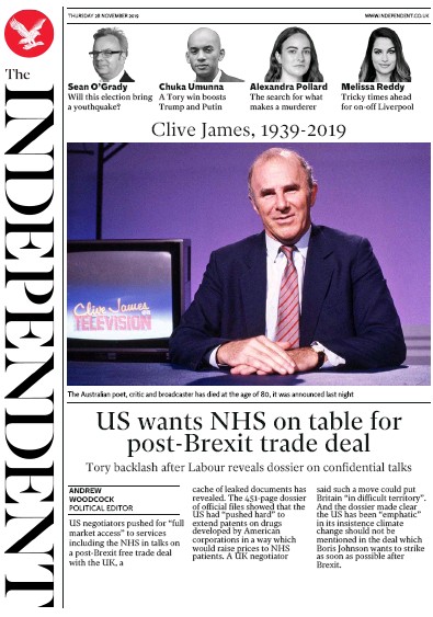 The Independent Newspaper Front Page for 28 November 2019