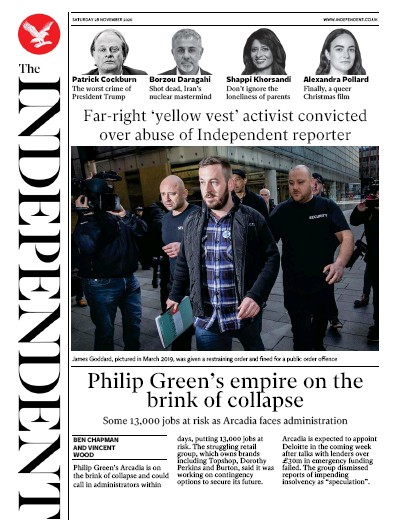 The Independent Newspaper Front Page for 28 November 2020