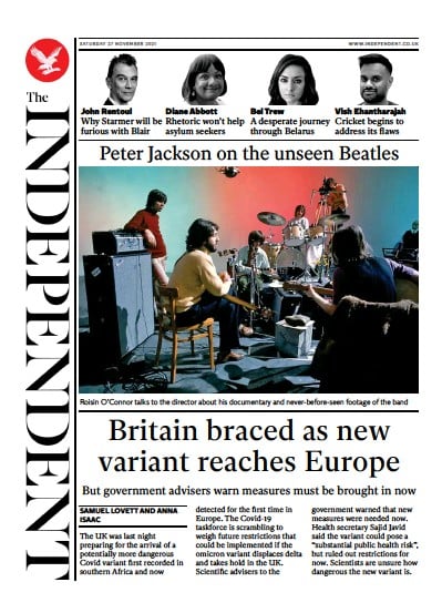 The Independent (UK) Newspaper Front Page for 28 November 2021