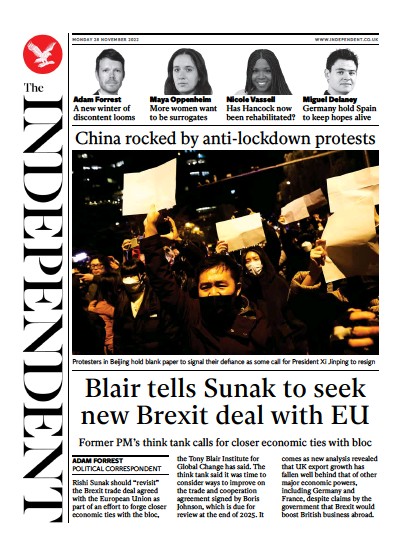 The Independent (UK) Newspaper Front Page for 28 November 2022